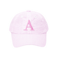 Pink and white seersucker baseball hat with monogram embroidery