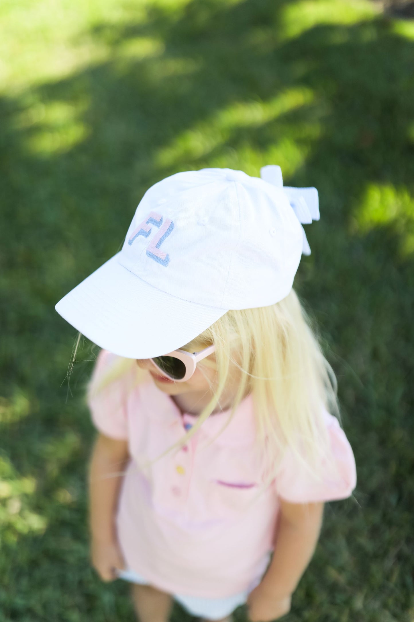 Customizable Bow Baseball Hat in Winnie White, Blue Bow (Girls)